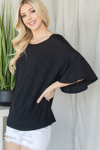 Flared Sleeve Black Basic Short Sleeve Top