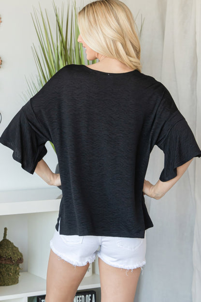 Flared Sleeve Black Basic Short Sleeve Top