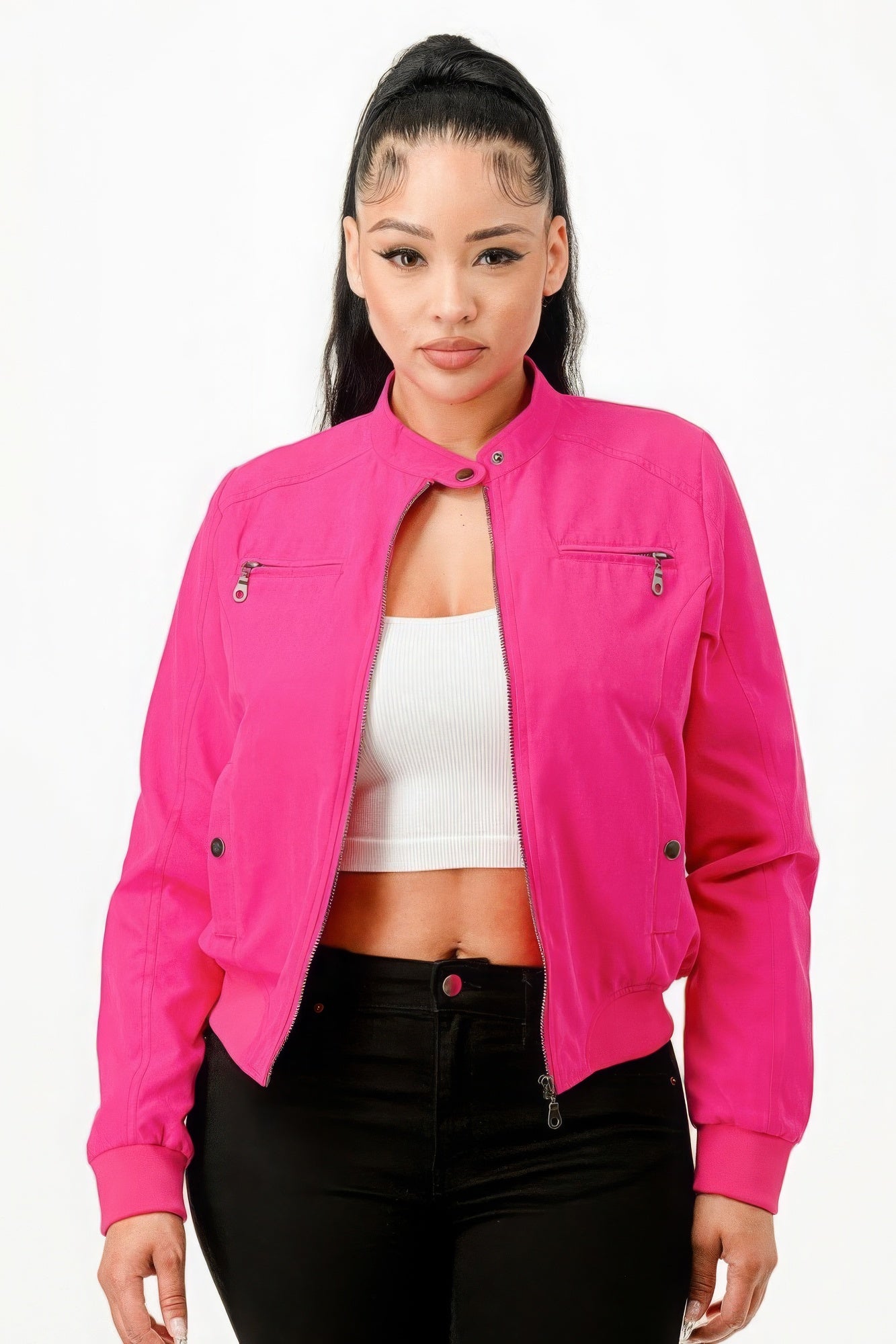 Hot Pink Casual Zip Up Biker Moto Jacket