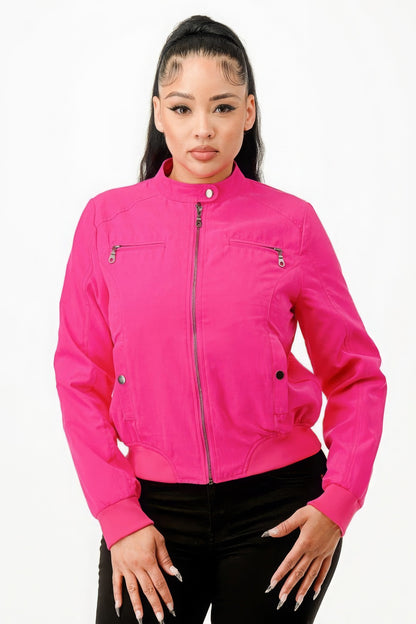 Hot Pink Casual Zip Up Biker Moto Jacket