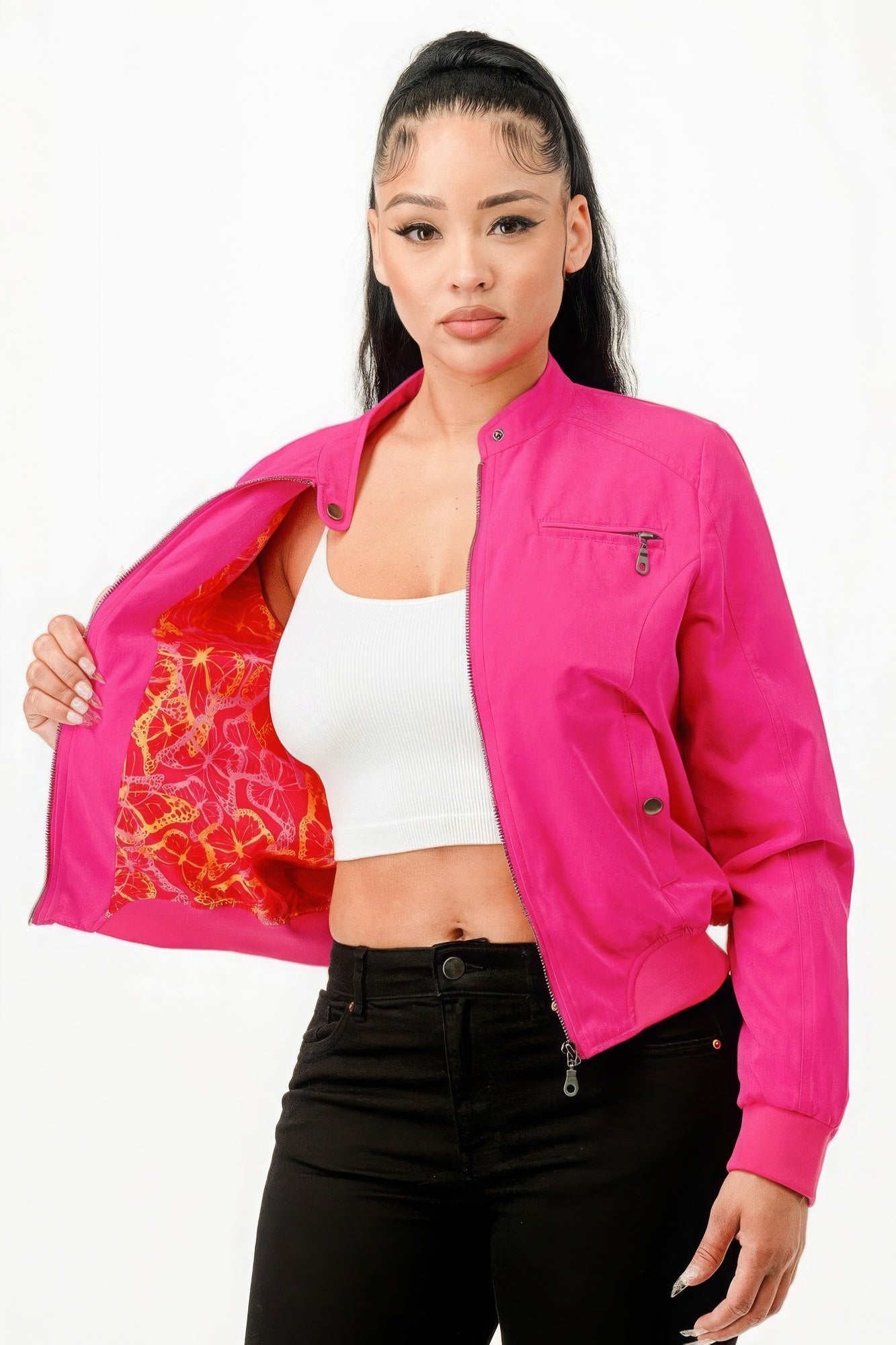 Hot Pink Casual Zip Up Biker Moto Jacket