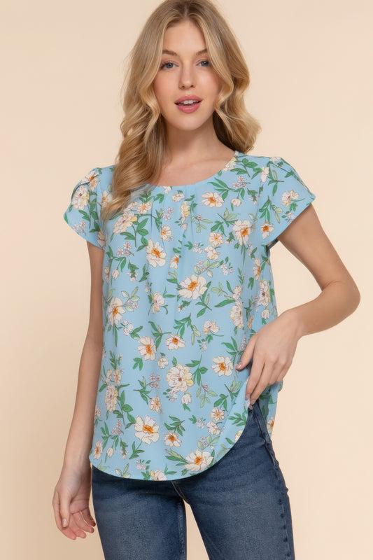 Serene Blue Short Tulip Sleeve Floral Print Woven Top