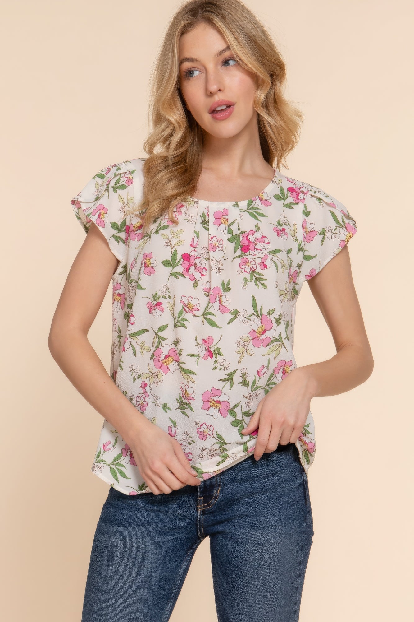 Ivory Short Tulip Sleeve Floral Print Woven Top