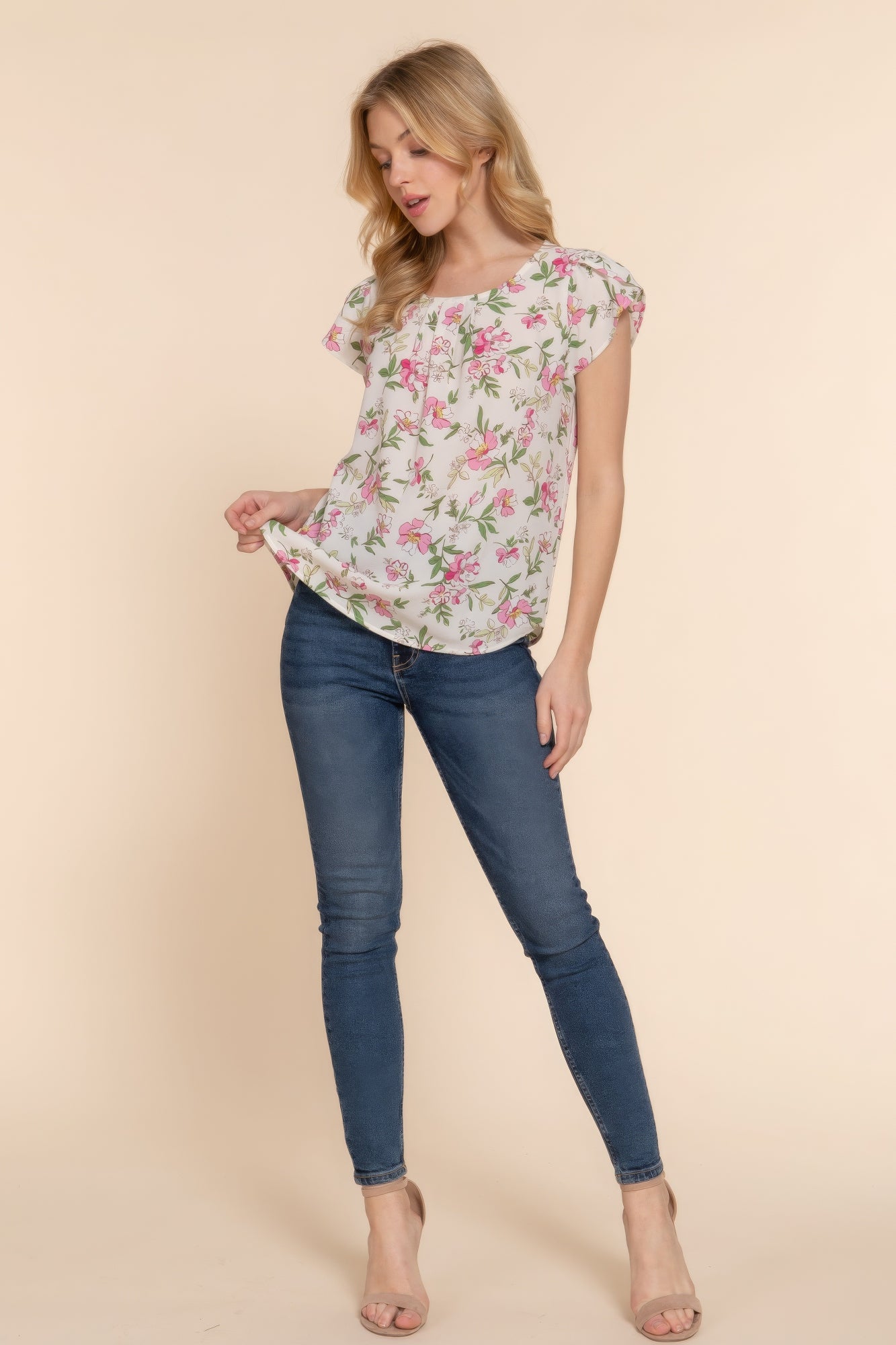 Ivory Short Tulip Sleeve Floral Print Woven Top