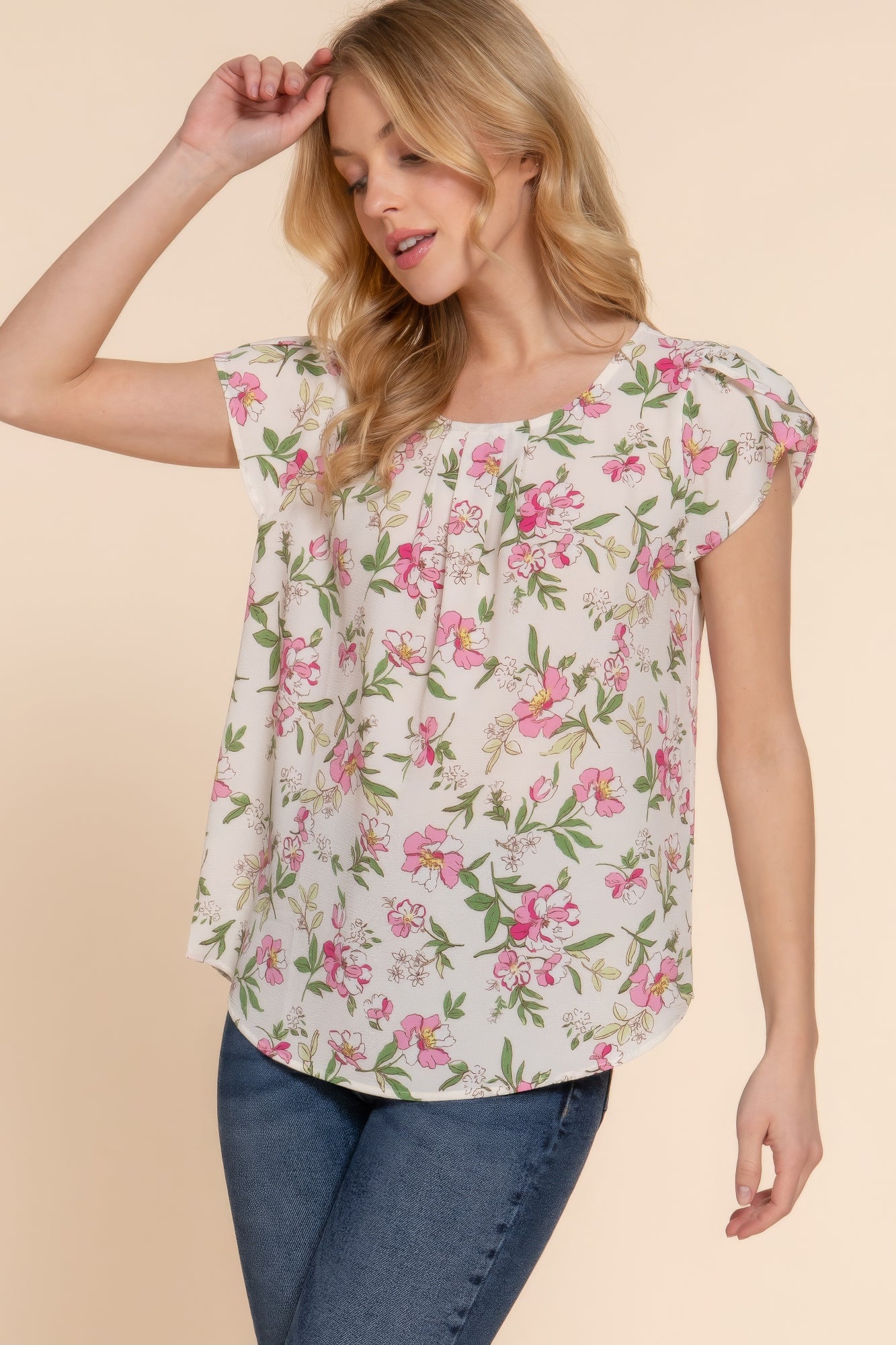 Ivory Short Tulip Sleeve Floral Print Woven Top