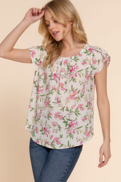 Ivory Short Tulip Sleeve Floral Print Woven Top