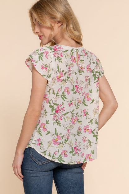 Ivory Short Tulip Sleeve Floral Print Woven Top