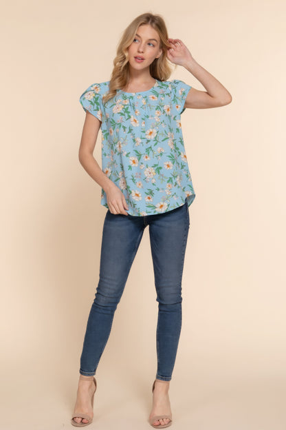 Serene Blue Short Tulip Sleeve Floral Print Woven Top