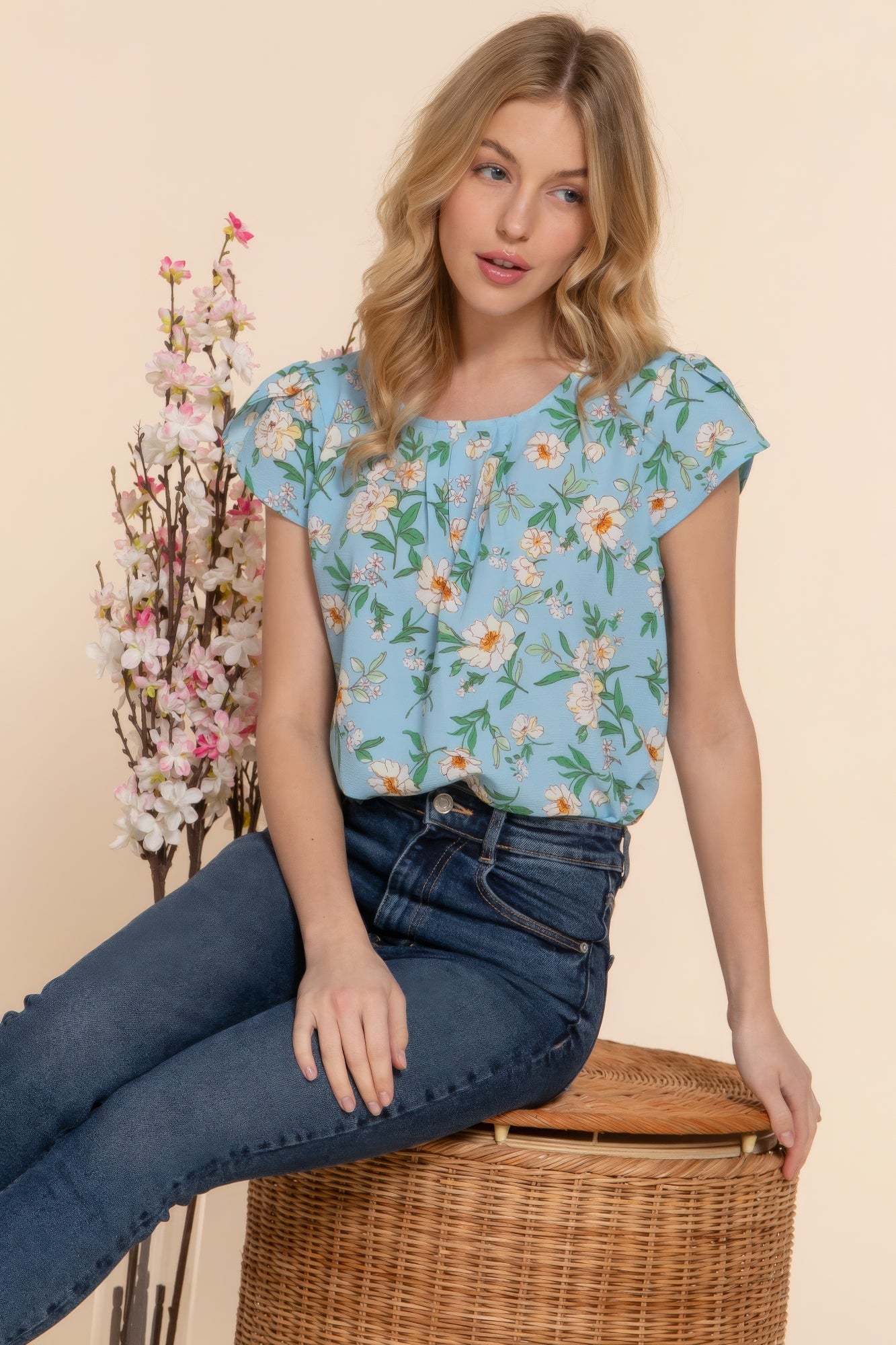 Serene Blue Short Tulip Sleeve Floral Print Woven Top