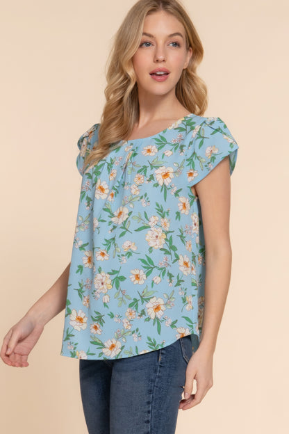 Serene Blue Short Tulip Sleeve Floral Print Woven Top