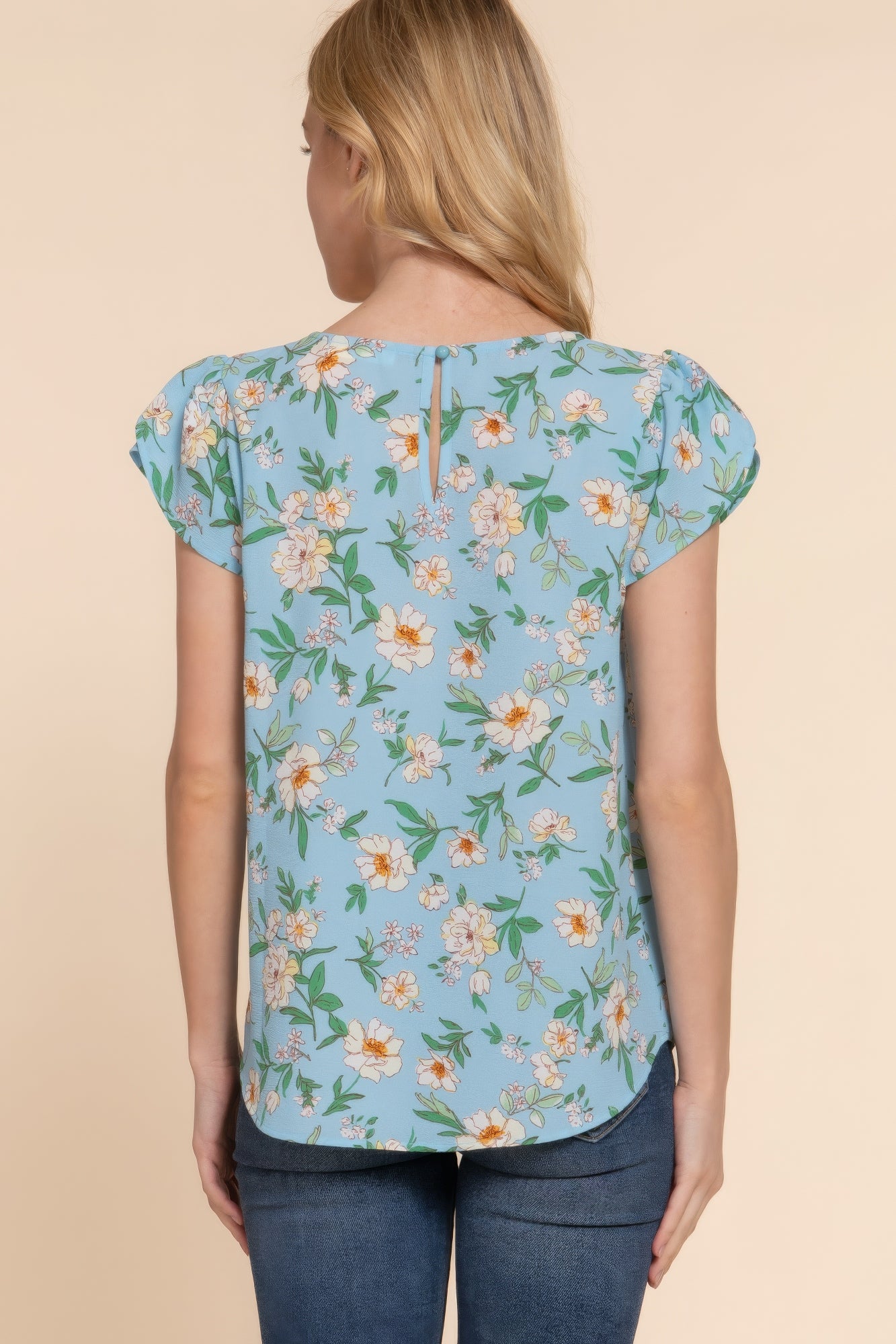 Serene Blue Short Tulip Sleeve Floral Print Woven Top