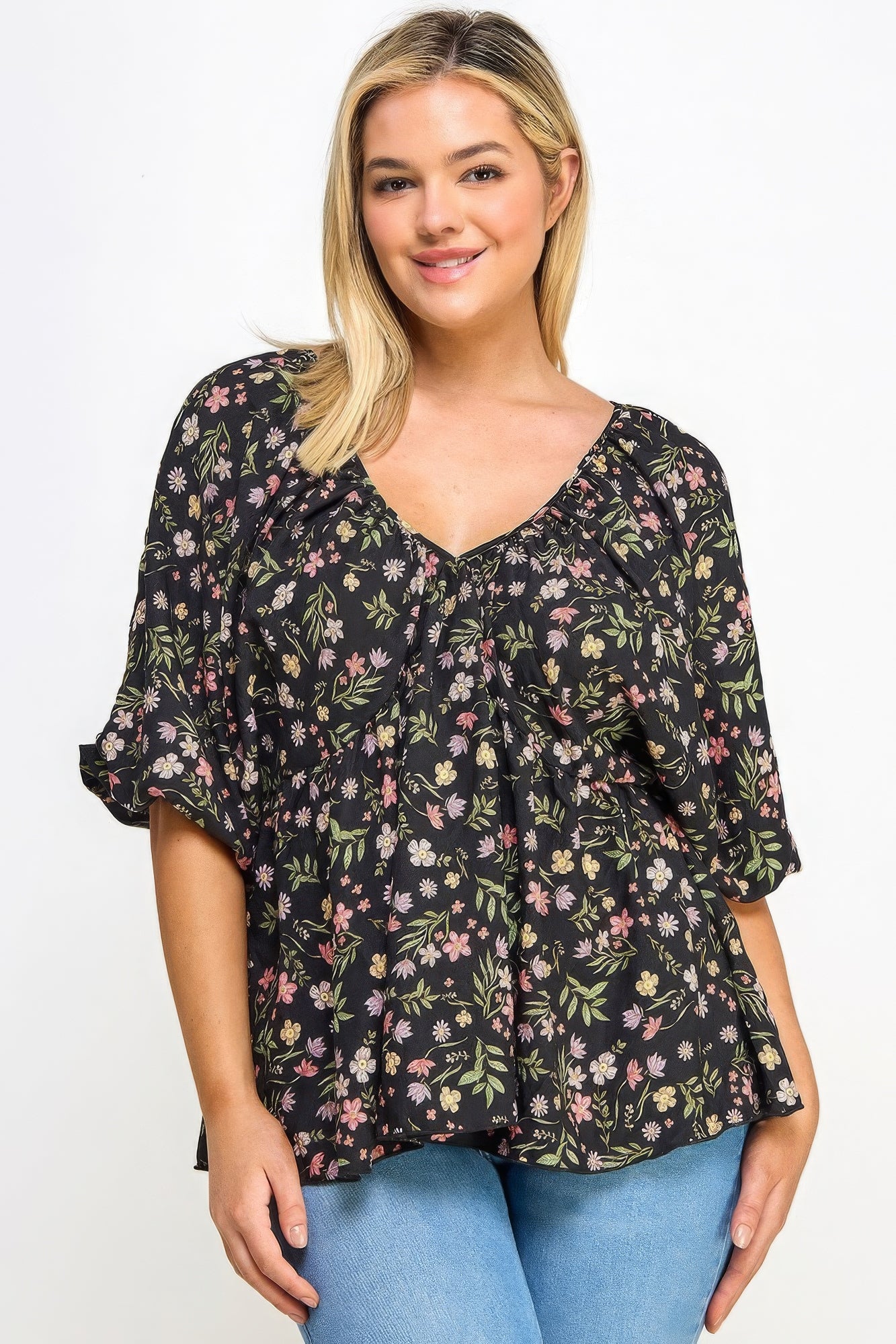 Black Floral V-neck Babydoll Balloon Sleeve Top