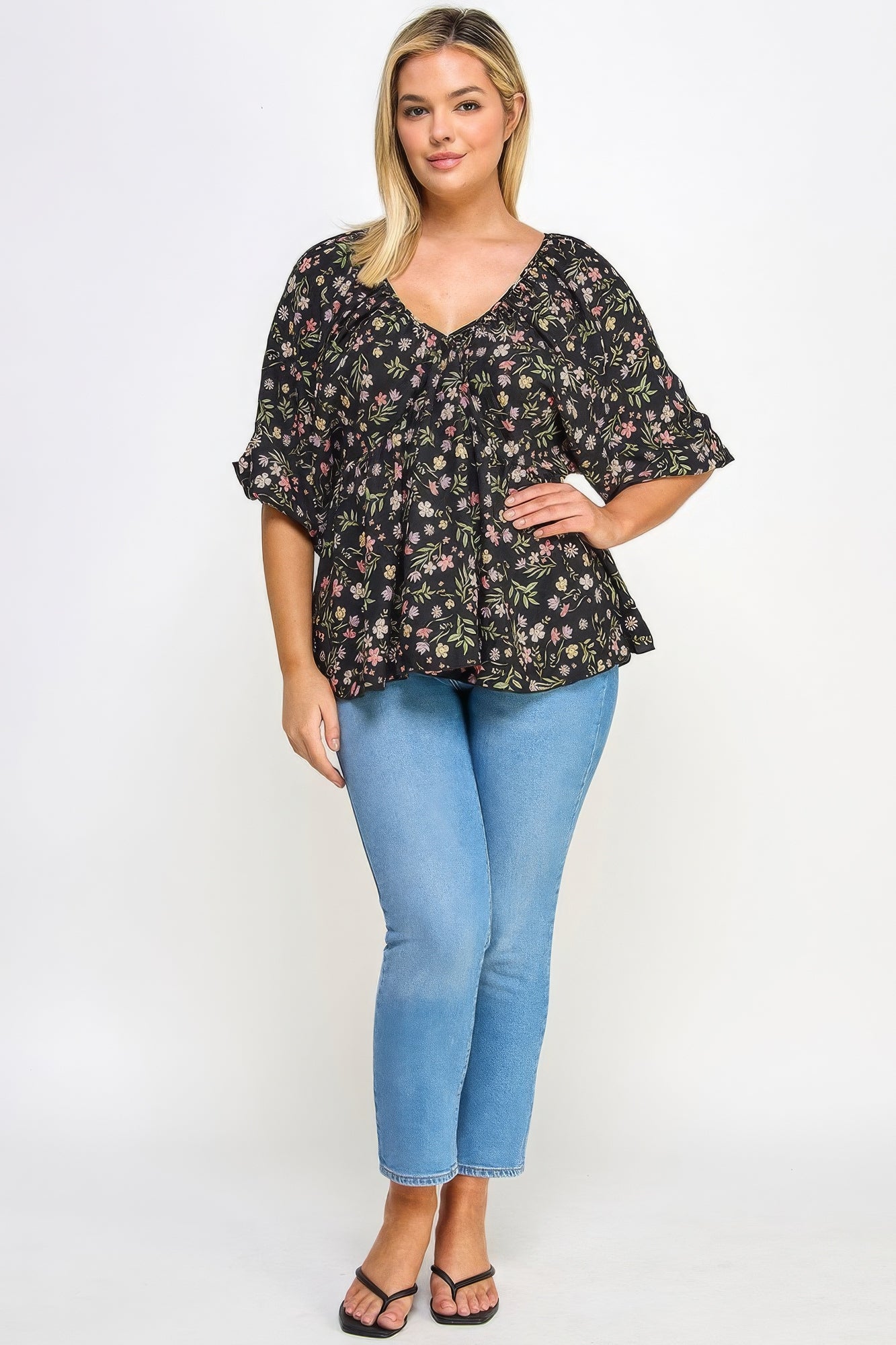 Black Floral V-neck Babydoll Balloon Sleeve Top