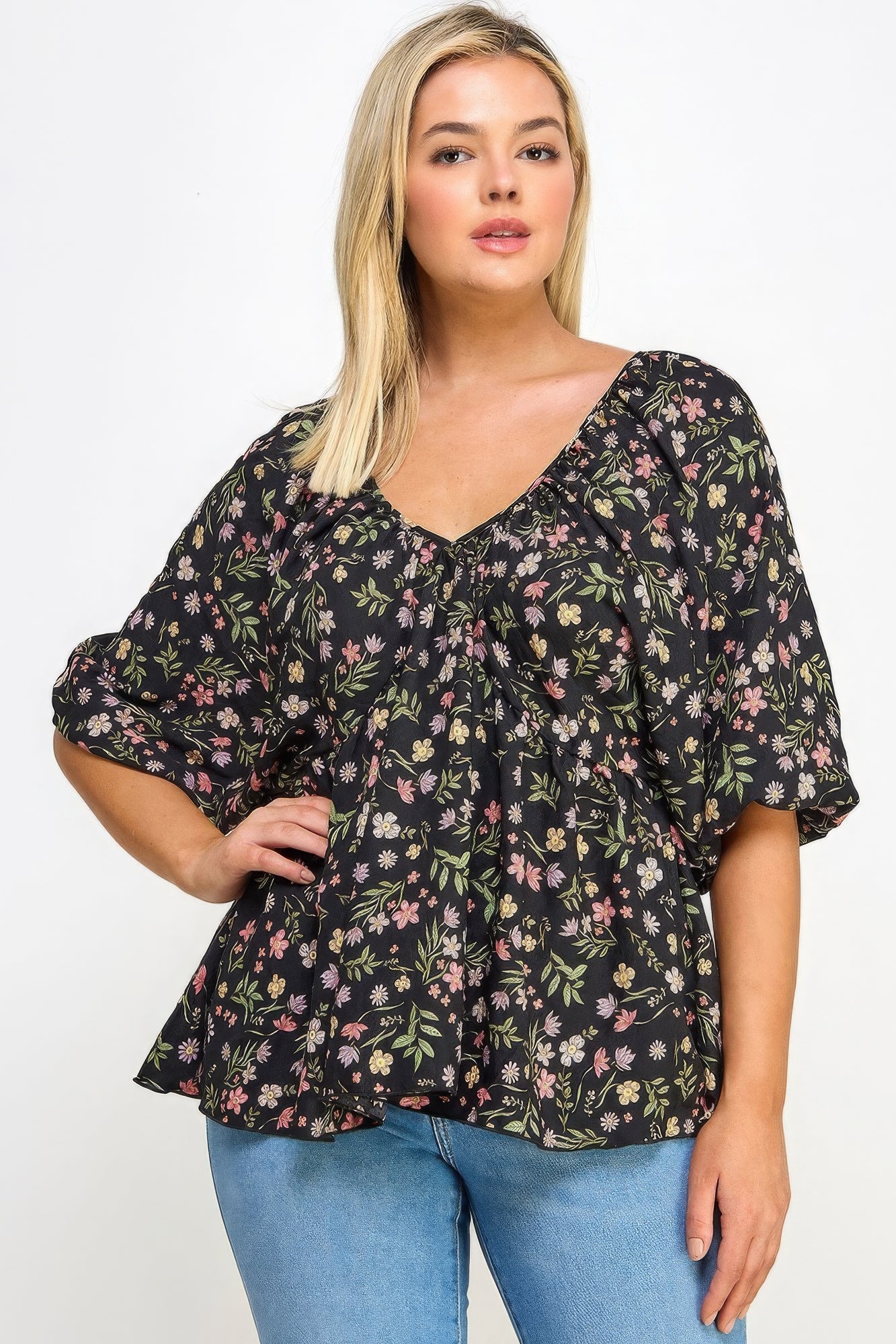 Black Floral V-neck Babydoll Balloon Sleeve Top