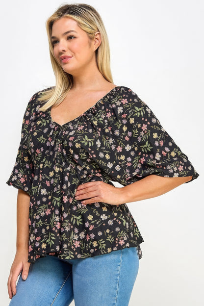 Black Floral V-neck Babydoll Balloon Sleeve Top