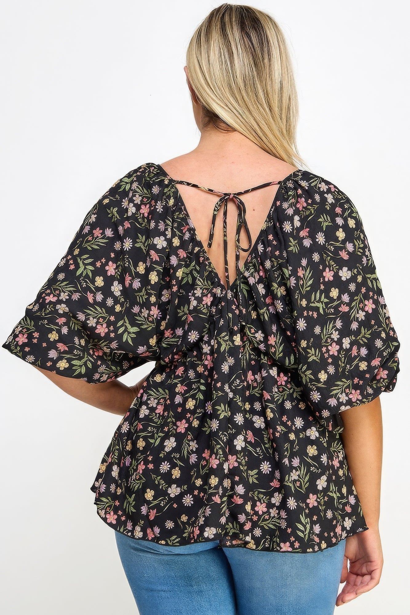 Black Floral V-neck Babydoll Balloon Sleeve Top