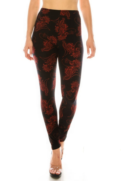 Red Paisley Print High Waist Leggings