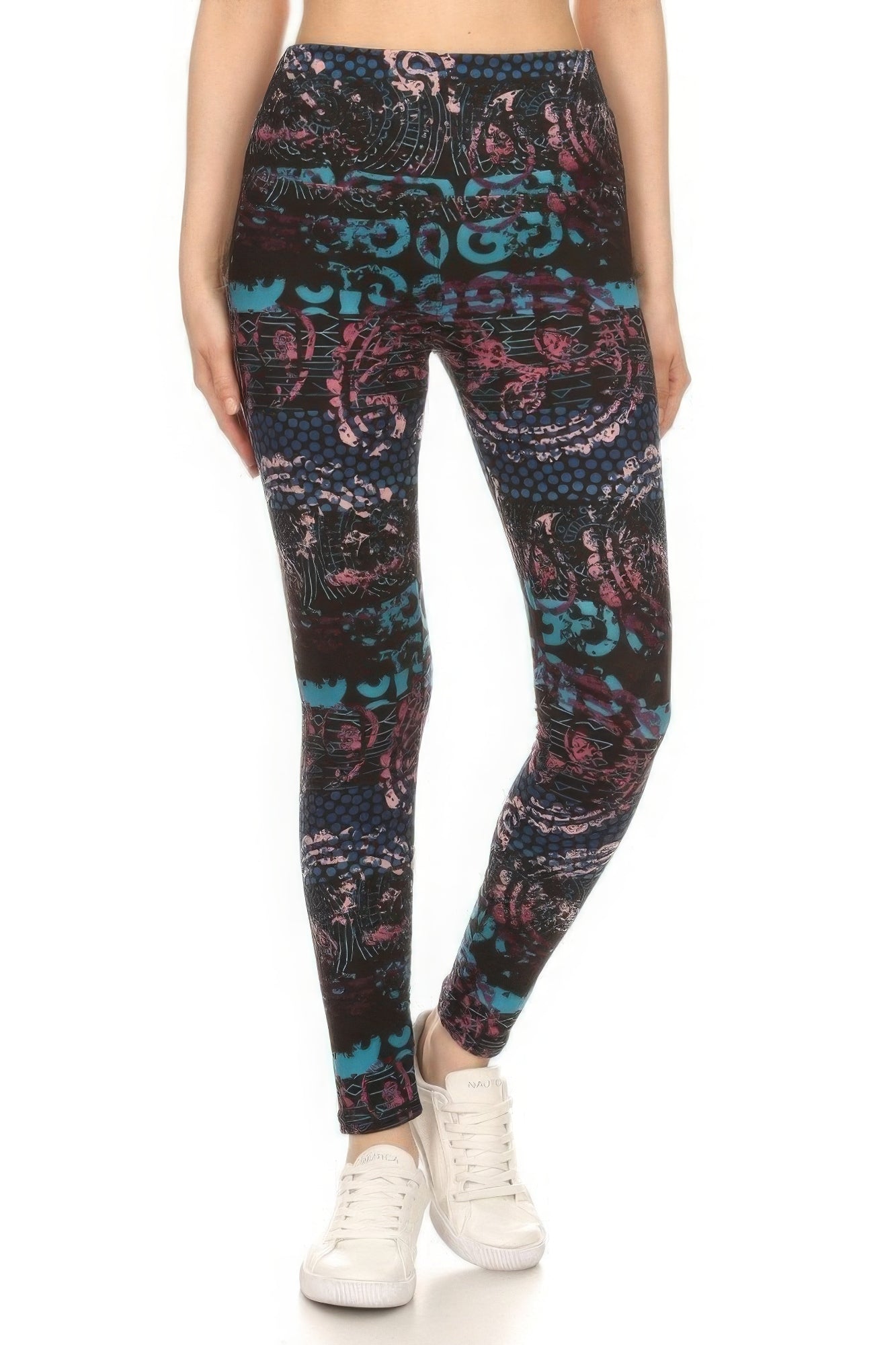 Multi-Color Lined Mixed Pattern Print Leggings