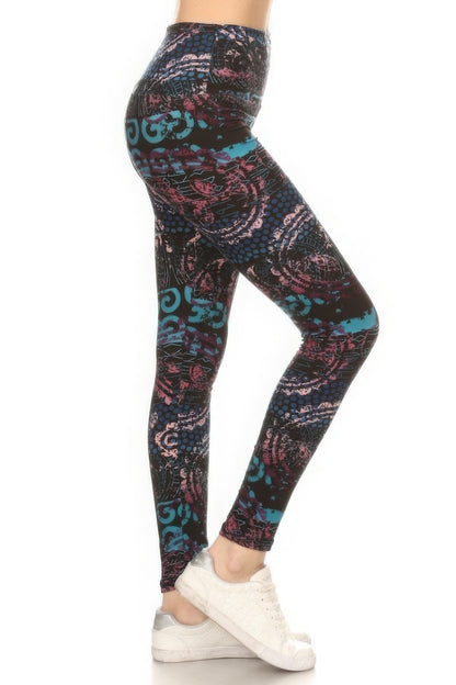 Multi-Color Lined Mixed Pattern Print Leggings