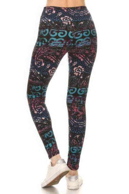 Multi-Color Lined Mixed Pattern Print Leggings