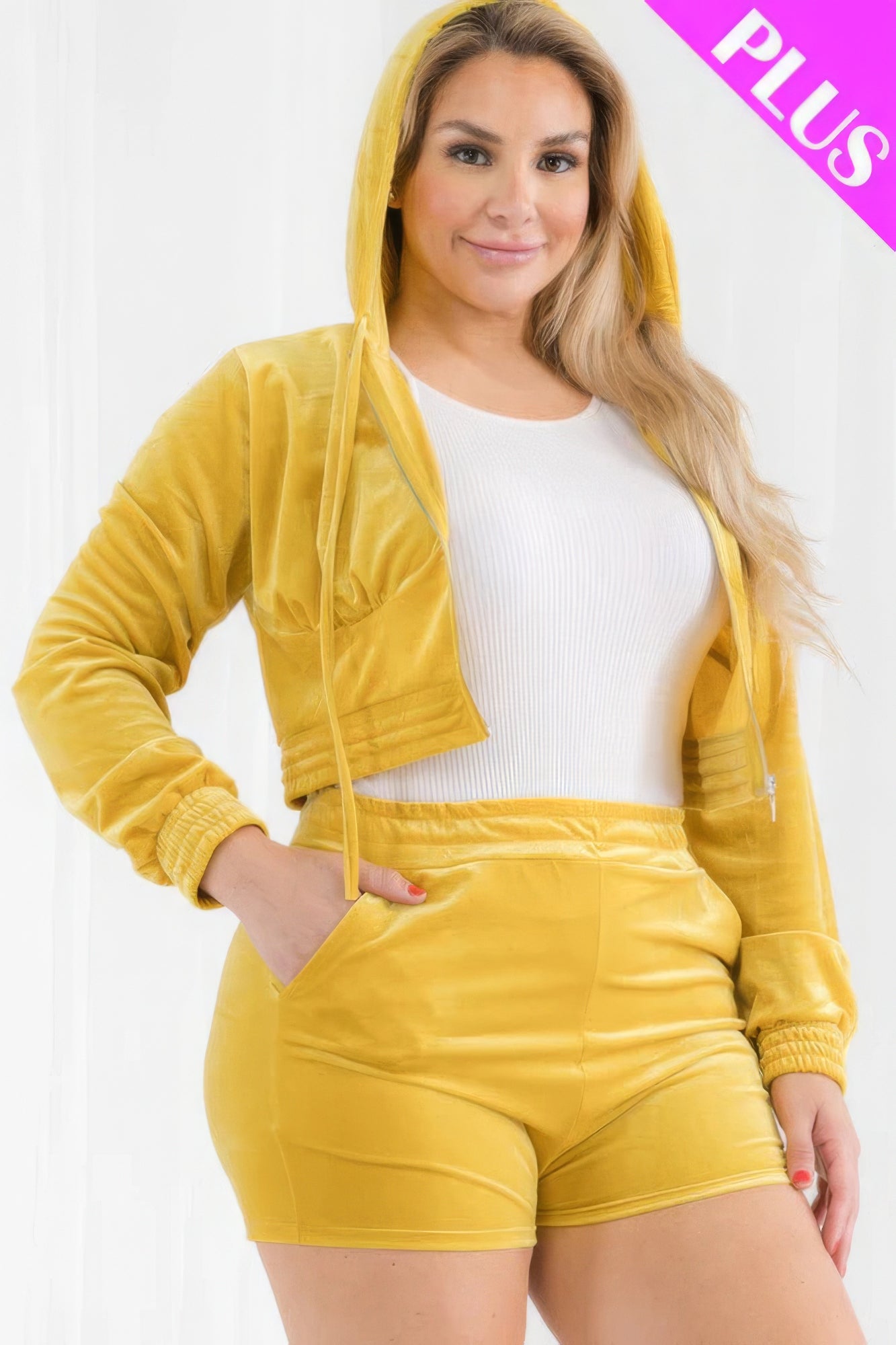 Mustard Plus Size Velour Crop Zip Up Hoodie And Shorts Set