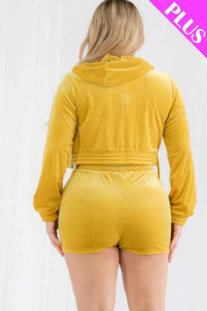 Mustard Plus Size Velour Crop Zip Up Hoodie And Shorts Set