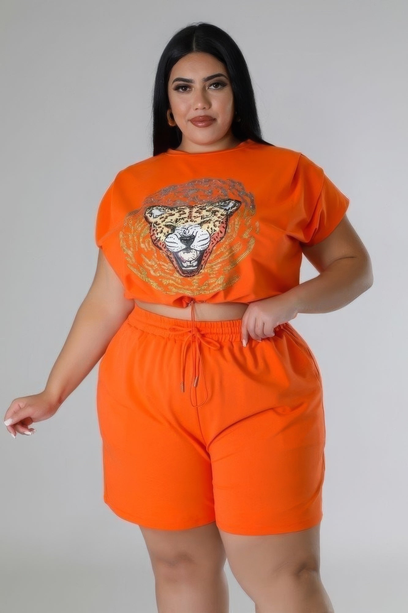 Orange Plus Size Stretch Short Set