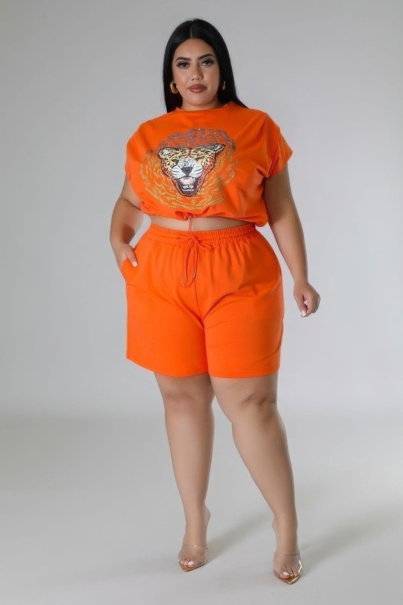 Orange Plus Size Stretch Short Set