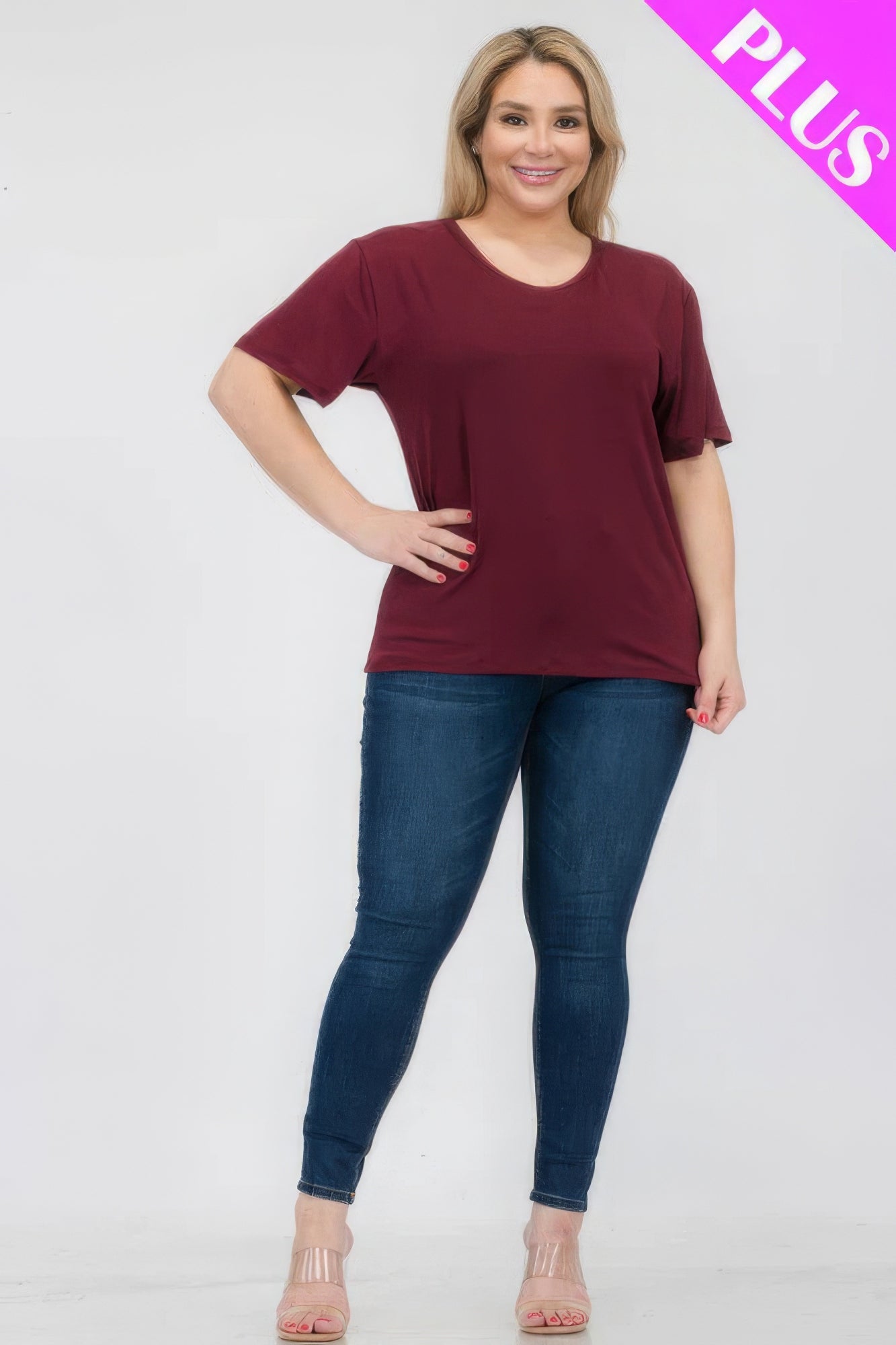 Burgundy Plus Size Basic Short Sleeve T-shirt