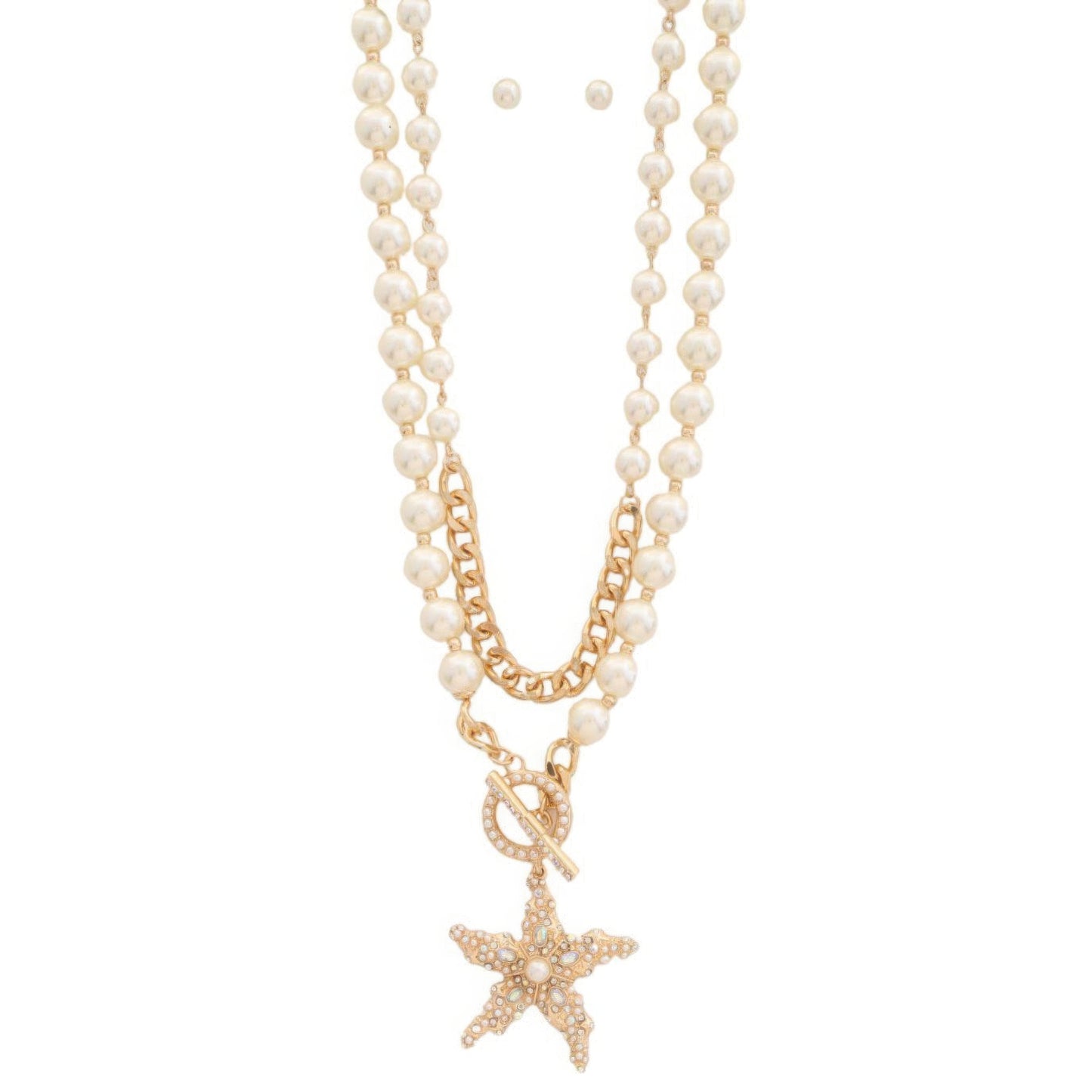 Star Pendant Pearl Bead Toggle Clasp Layered Necklace