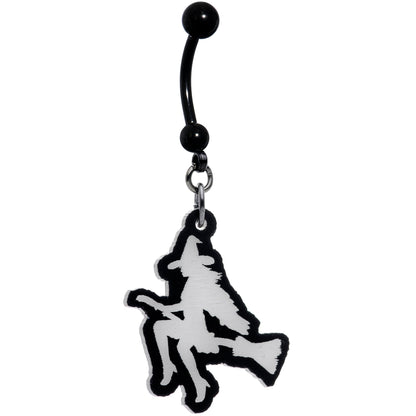 Glow in the Dark Halloween Flying Witch on Broom Dangle Belly Ring