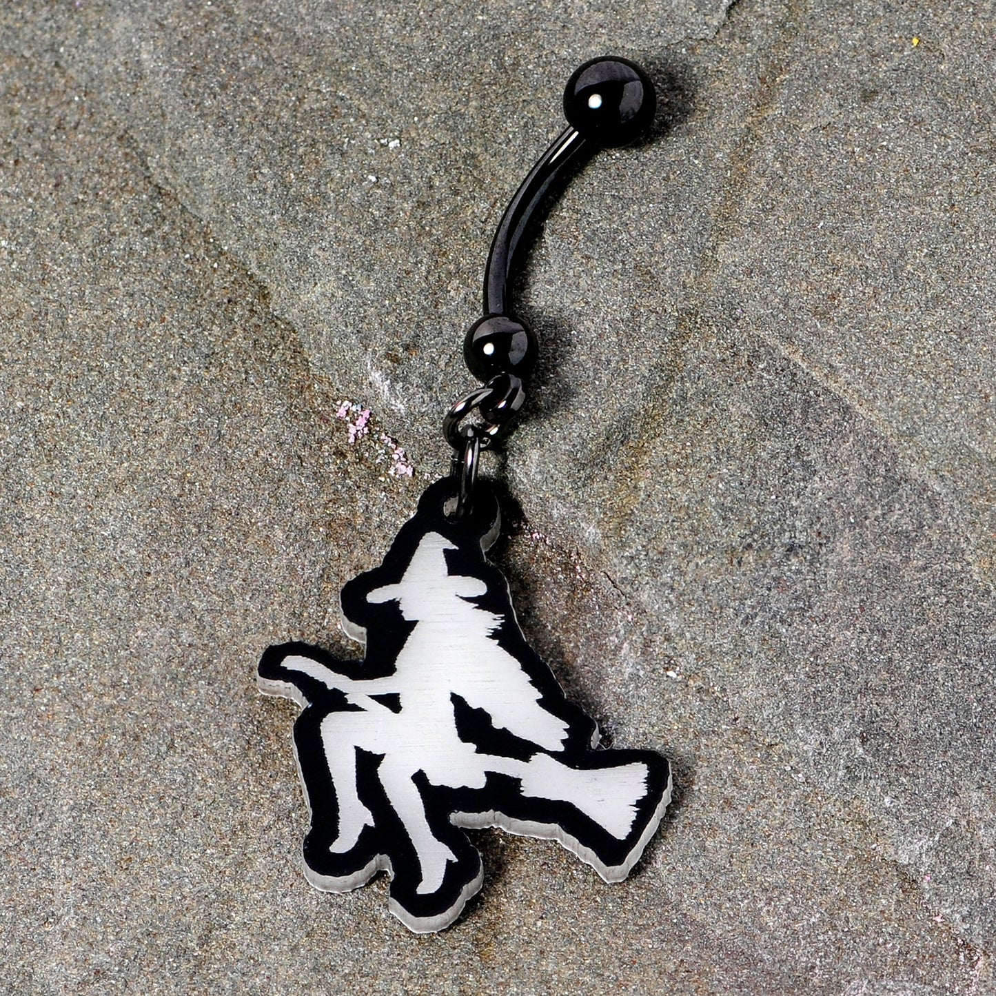 Glow in the Dark Halloween Flying Witch on Broom Dangle Belly Ring