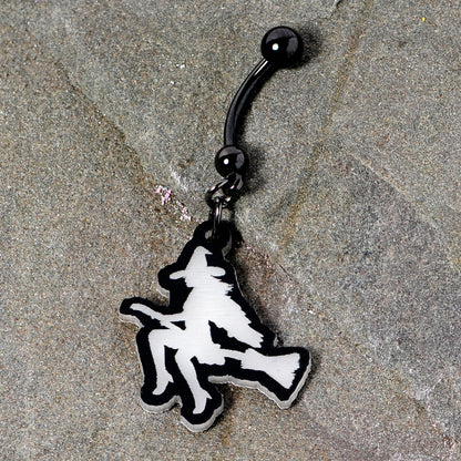Glow in the Dark Halloween Flying Witch on Broom Dangle Belly Ring