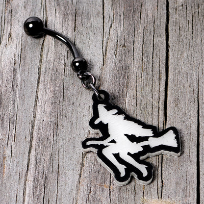 Glow in the Dark Halloween Flying Witch on Broom Dangle Belly Ring