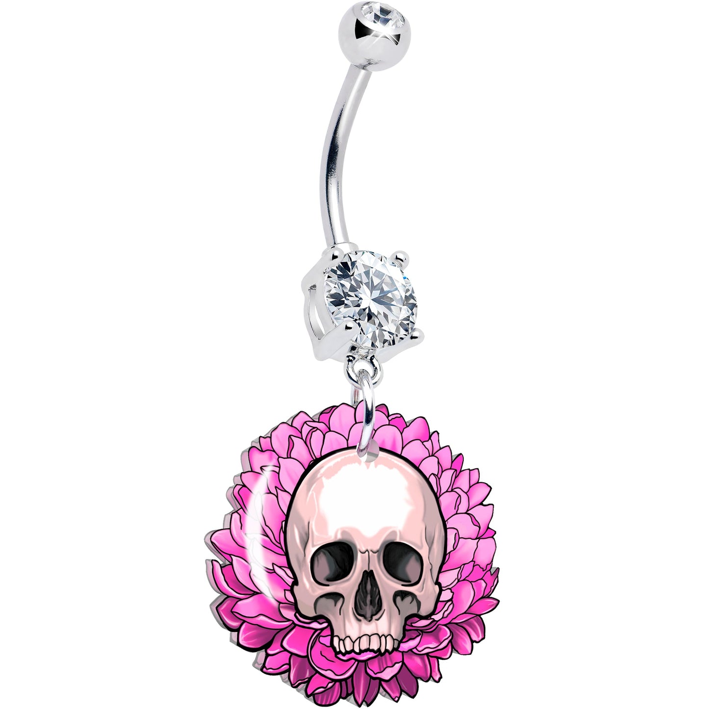 Clear Gem Blooming Pink Flower Skull Dangle Belly Ring by Onyx O