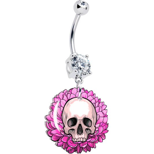 Clear Gem Blooming Pink Flower Skull Dangle Belly Ring by Onyx O