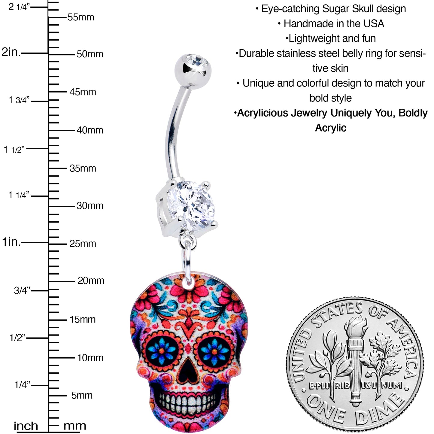 Acrylicious Happy Sugar Skull Dangle Belly Ring