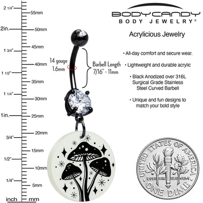 Black Double Gem Glow in the Dark Mystic Mushroom Dangle Belly Ring by Onyx O