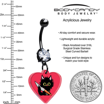 Black Double Gem Heart Staby Cat Dangle Belly Ring by Onyx O