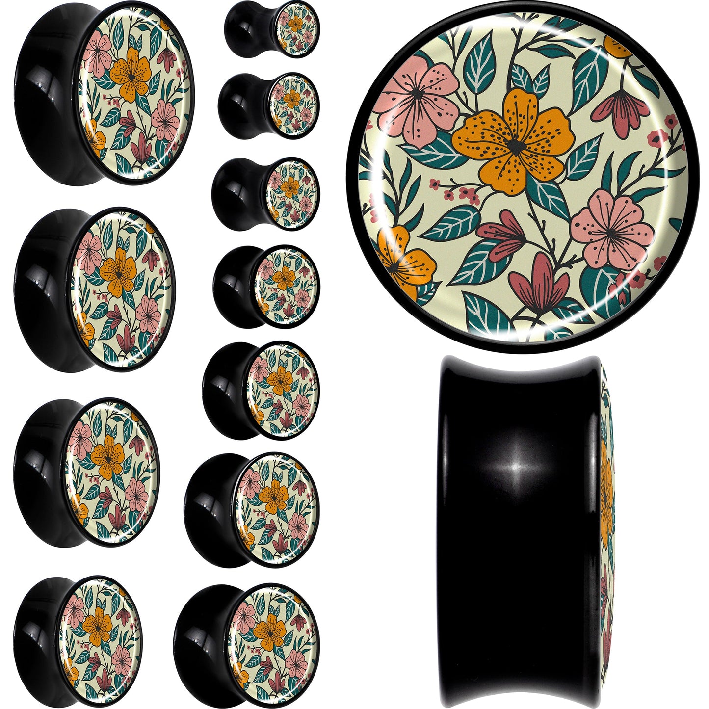 Blossom Creation Wildflower Flowers Black Acrylic Saddle Plug Set by Onyx O