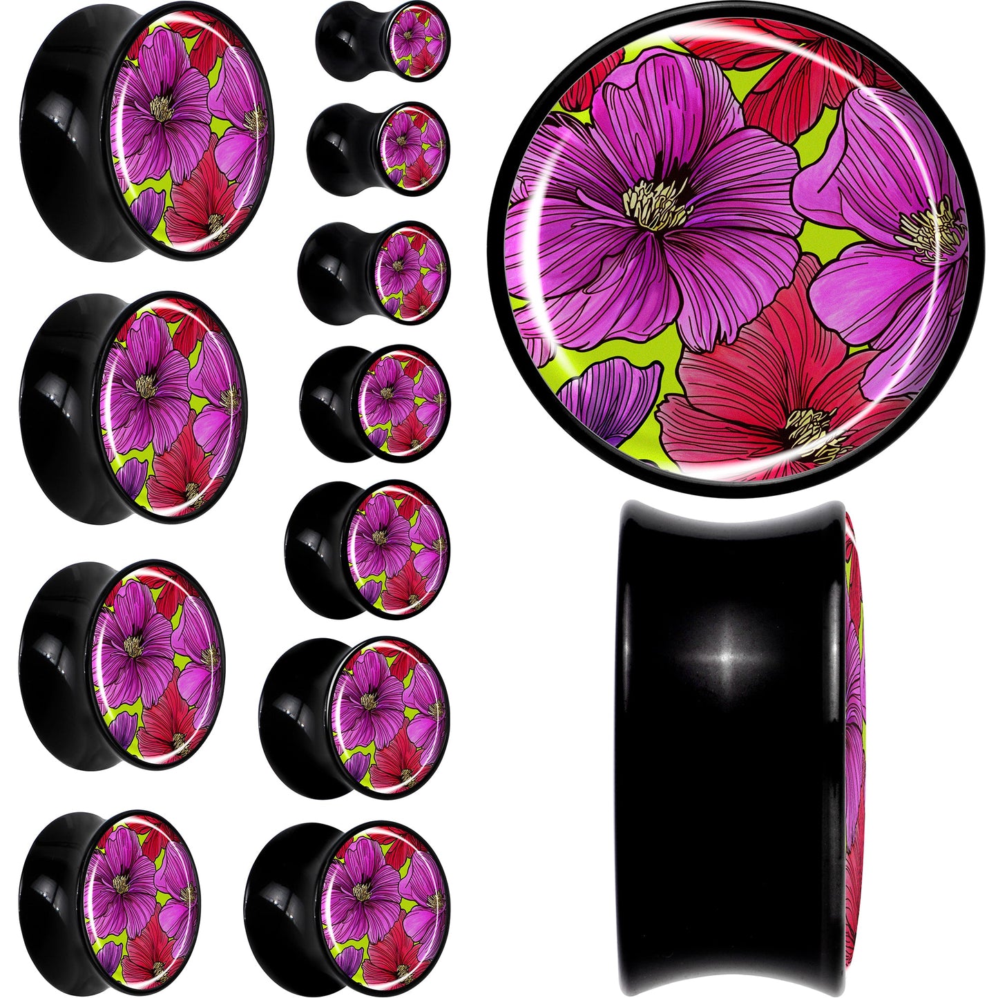 Blossom Creation Tropical Floral Flowers Black Acrylic Saddle Plug Set by Onyx O