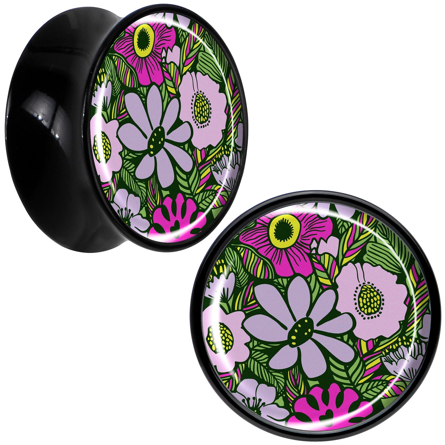 Blossom Creation Paradise of Pink Flowers Black Acrylic Saddle Plug Set by Onyx O