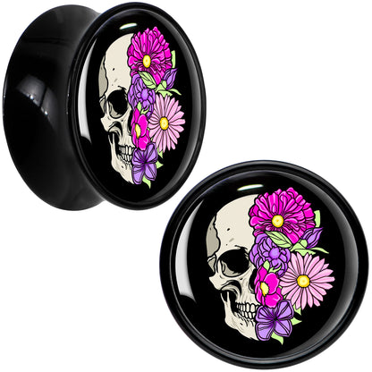 Floral Flowers Skull Black Acrylic Saddle Plug Set 8mm to 20mm by Onyx O
