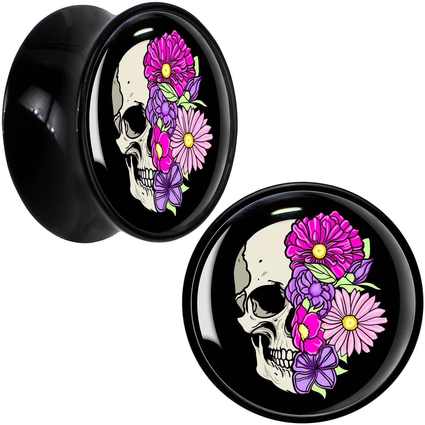 Floral Flowers Skull Black Acrylic Saddle Plug Set 8mm to 20mm by Onyx O
