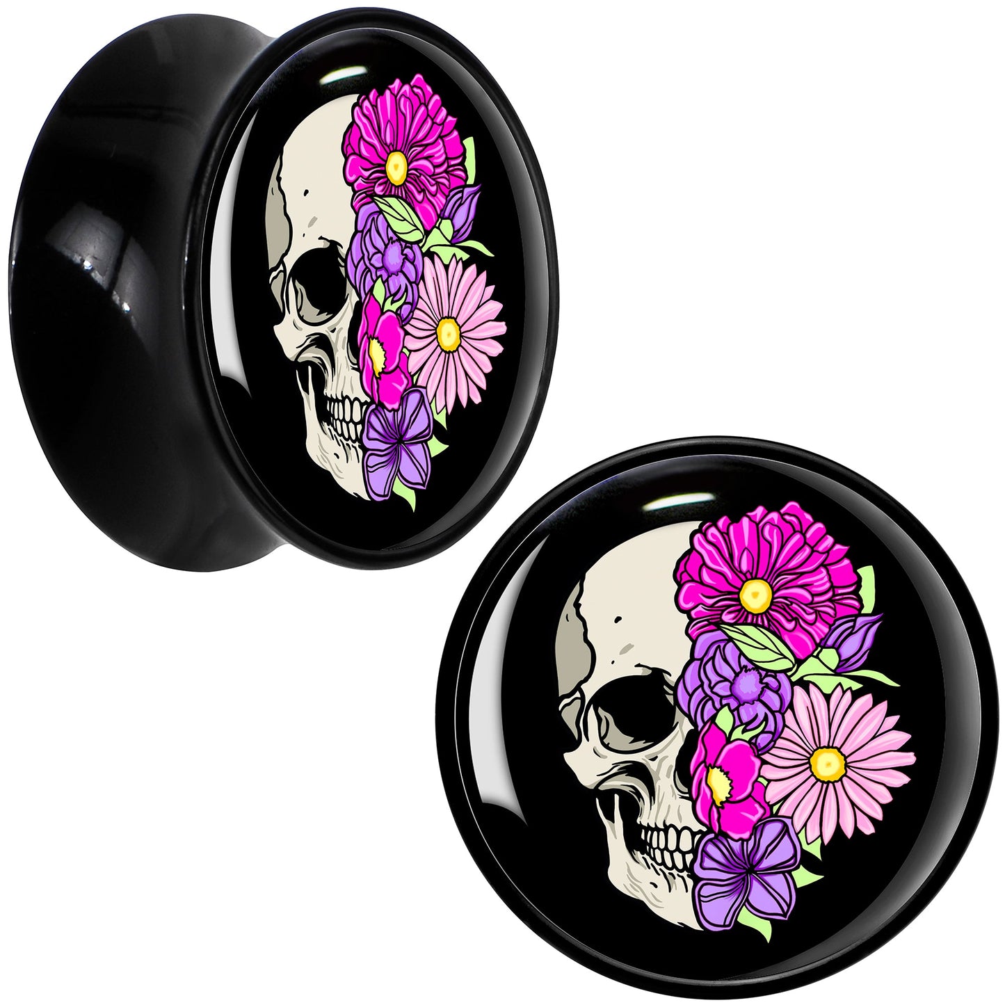 Floral Flowers Skull Black Acrylic Saddle Plug Set 8mm to 20mm by Onyx O