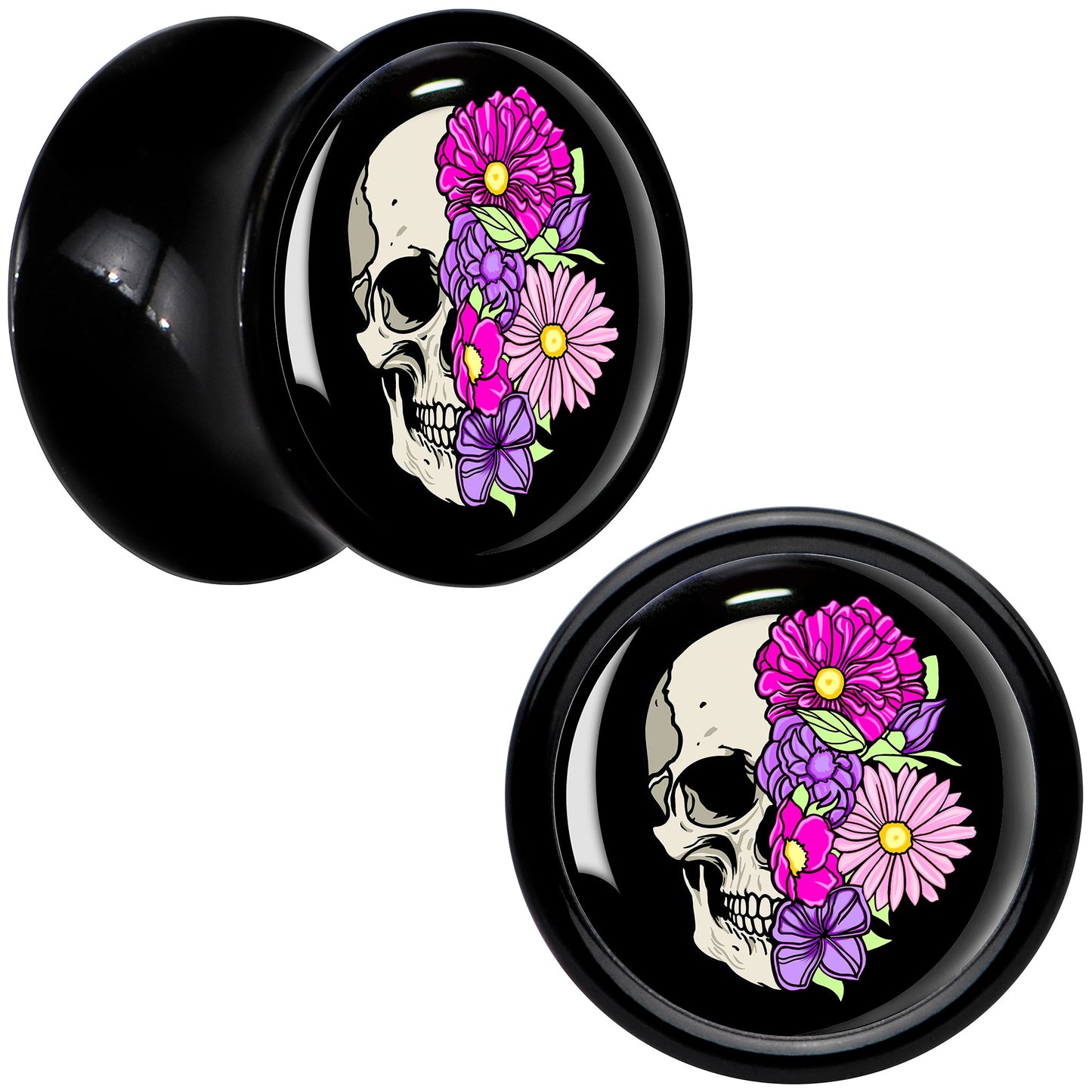 Floral Flowers Skull Black Acrylic Saddle Plug Set 8mm to 20mm by Onyx O
