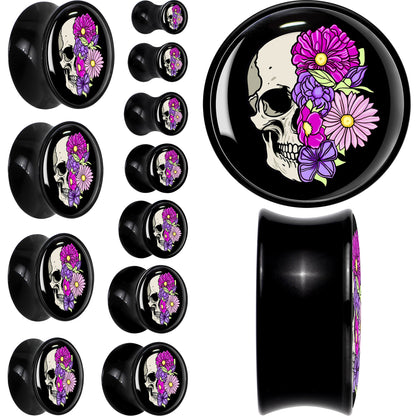 Floral Flowers Skull Black Acrylic Saddle Plug Set 8mm to 20mm by Onyx O