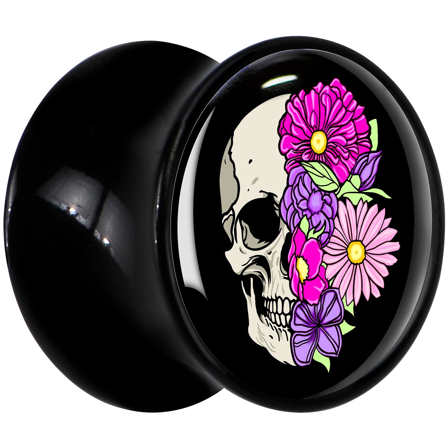 Floral Flowers Skull Black Acrylic Saddle Plug Set 8mm to 20mm by Onyx O