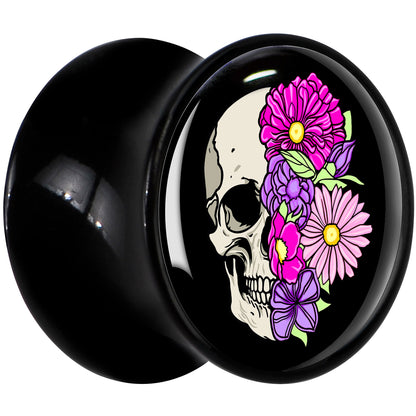 Floral Flowers Skull Black Acrylic Saddle Plug Set 8mm to 20mm by Onyx O