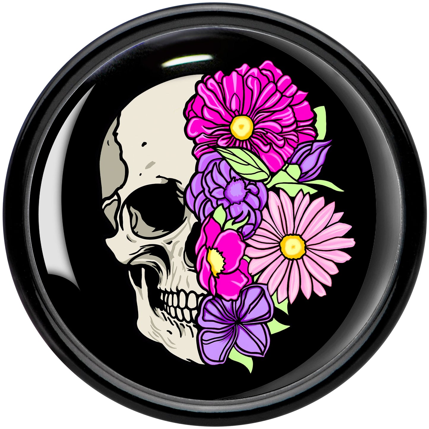 Floral Flowers Skull Black Acrylic Saddle Plug Set 8mm to 20mm by Onyx O